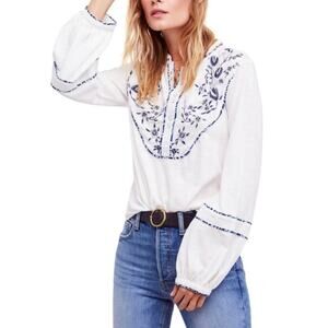 Free People Sundance Kid Western Embroidered Henley - White / Blue - XS
